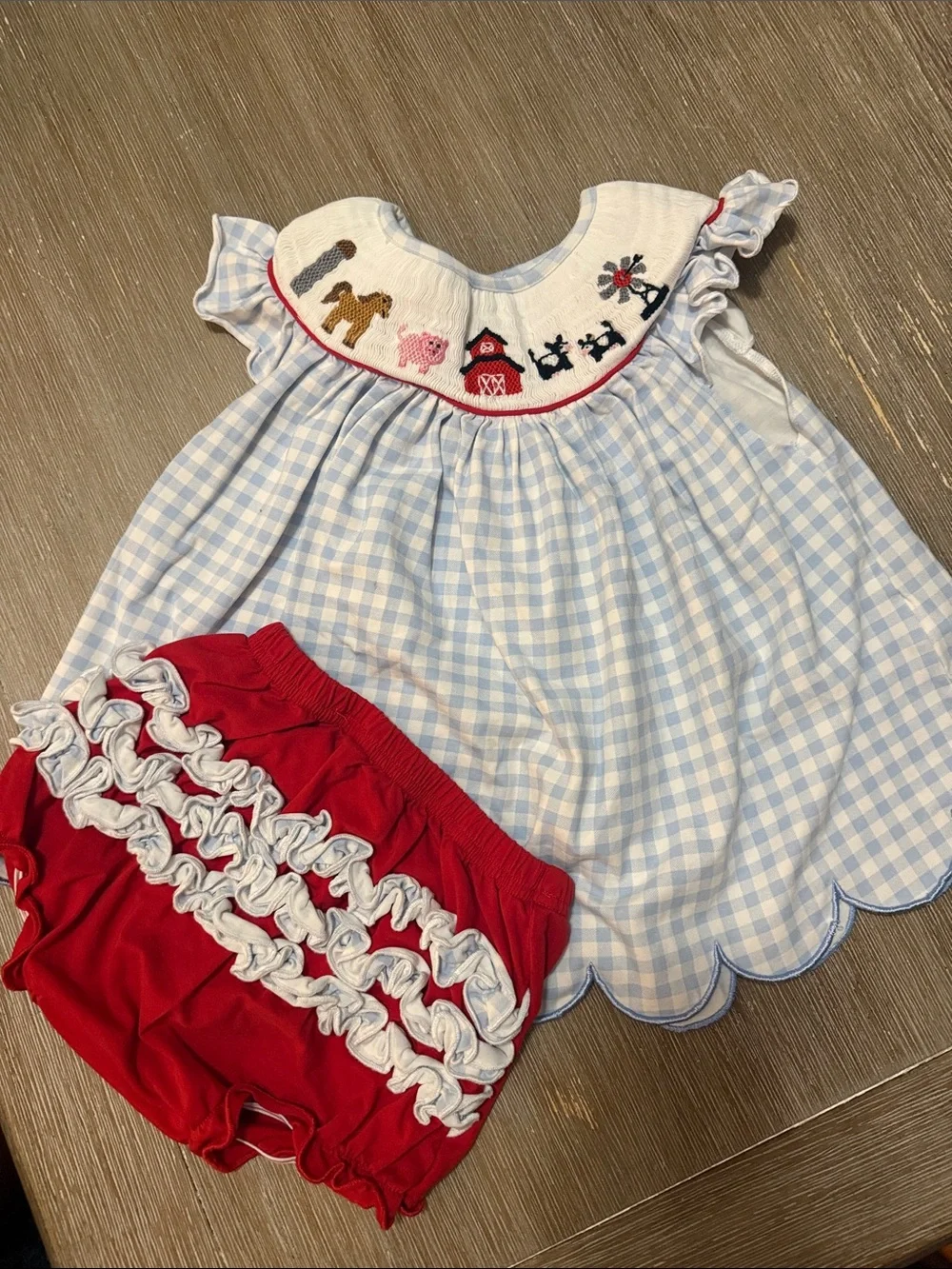 Blue Gingham Smocked Farm Baby Dress with Red Bloomers